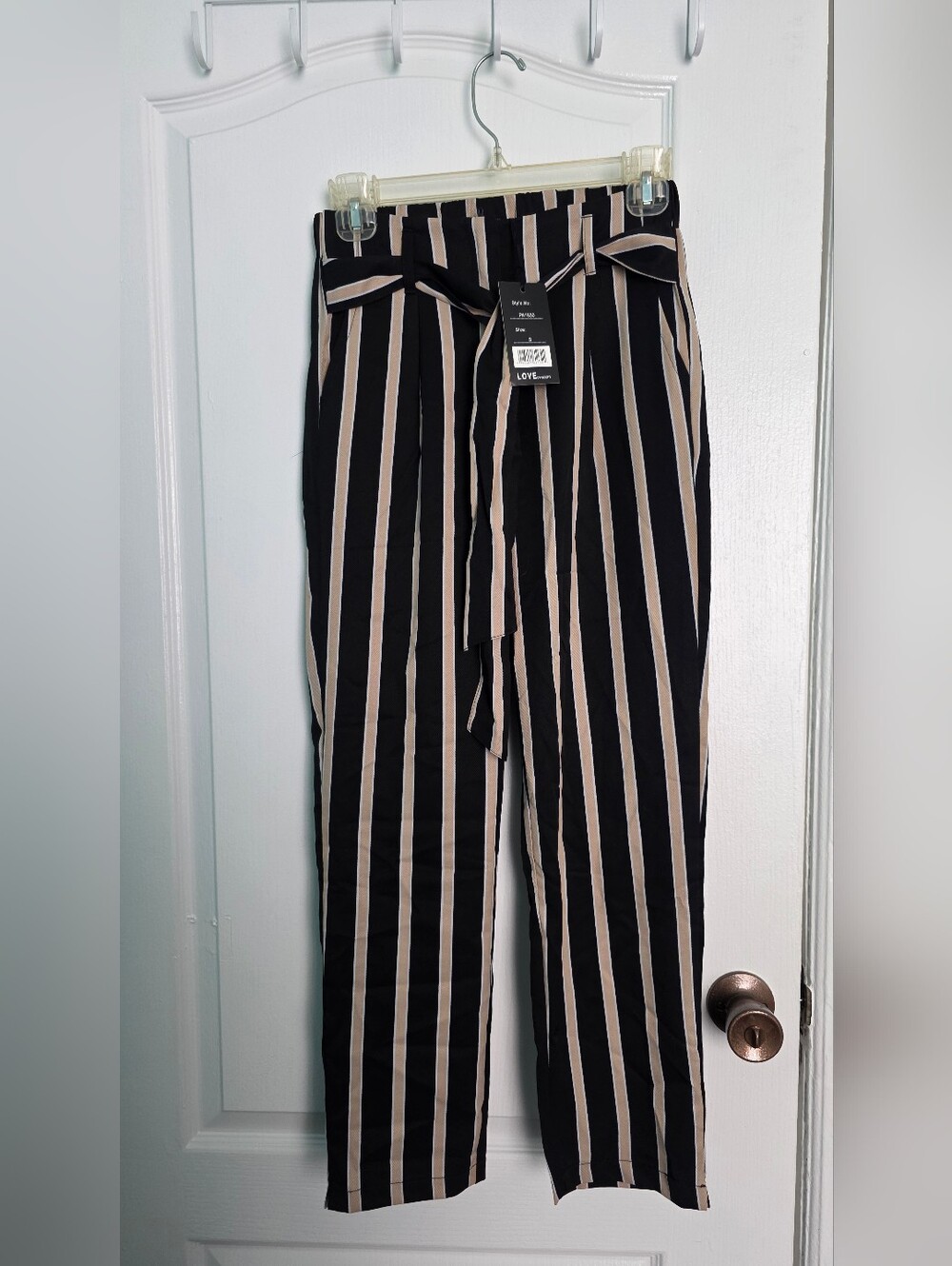 Striped Black and Beige Women's Dress Pants with Tie Waist
